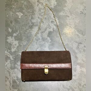 Vintage Crown Lewis Brown Suede Clutch with Gold Chain